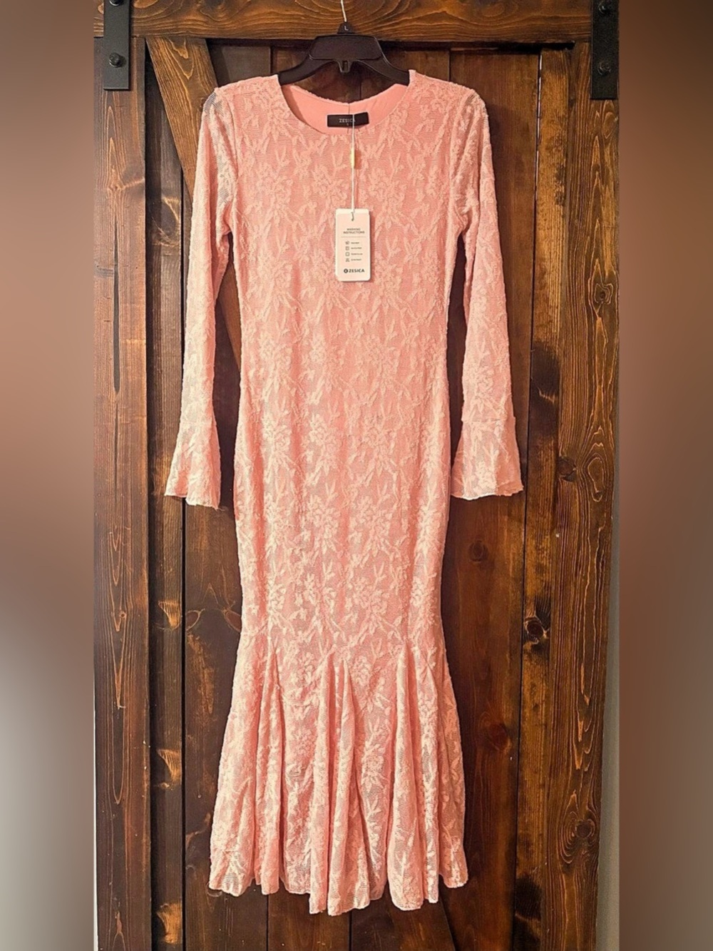 ZESICA Women'Small Long Sleeve Floral Mesh Bodycon Mermaid Maxi Dress Pink Small